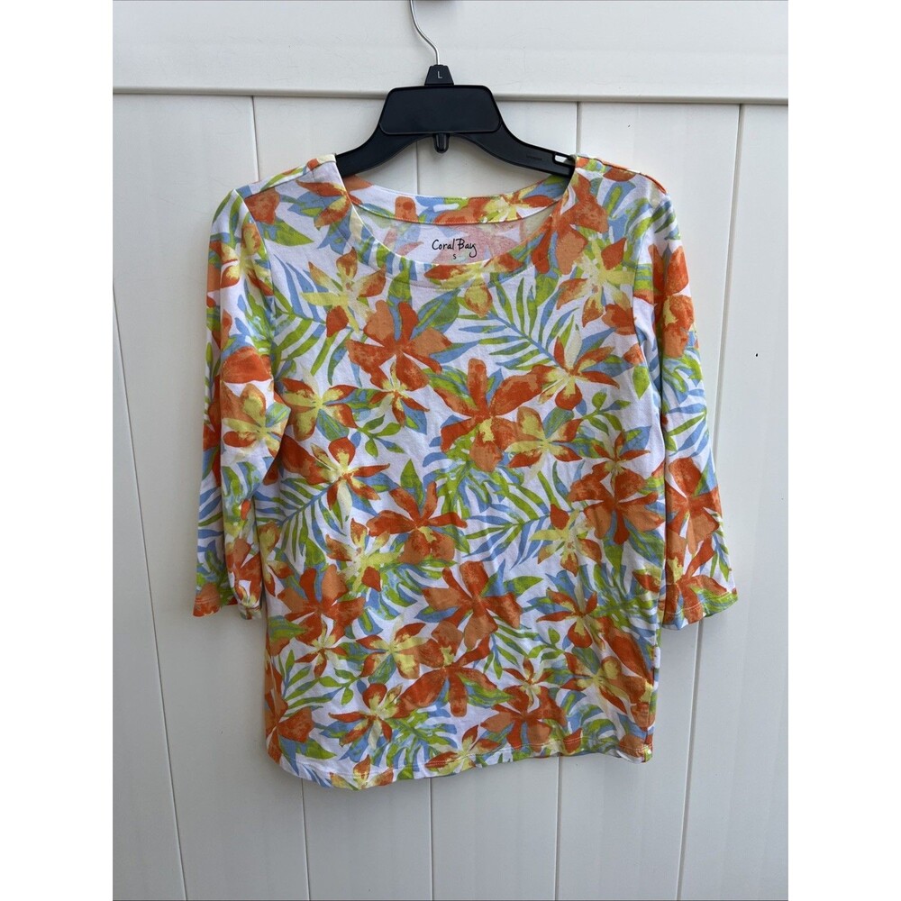 Coral Bay Women's Small Floral Print 3/4 Sleeve Colorful Cotton Blend
